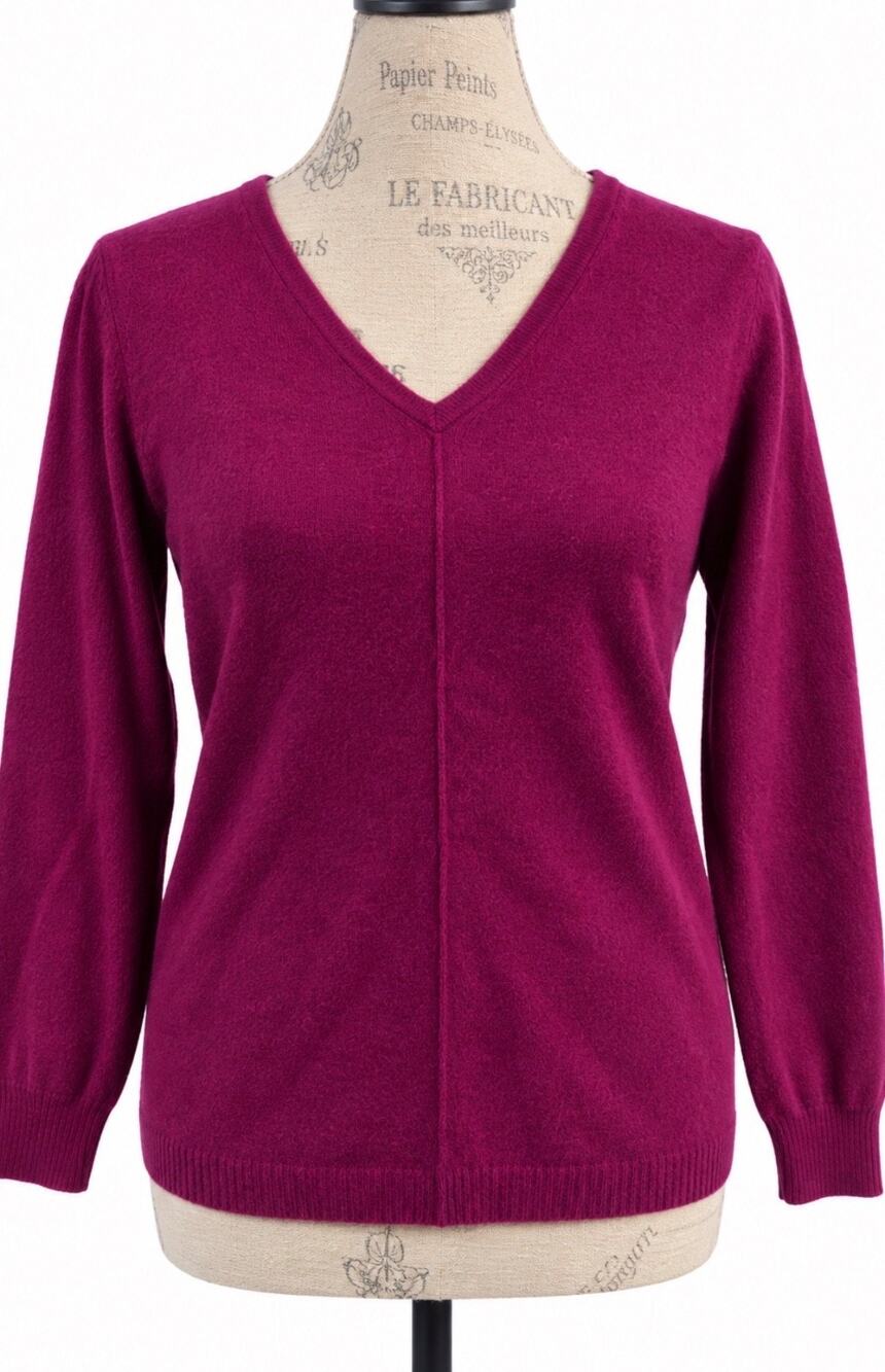 Belford Women 2-ply Cashmere V-Neck Sweater Magenta Pink Purple Long Sleeve L